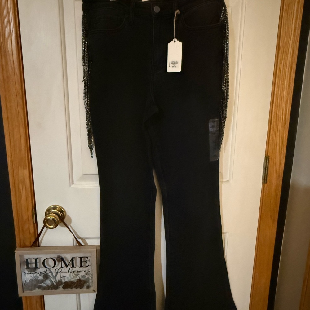 Sterling and stitch Black Flared Pants with bling fringe Long!!! 34in! - Picture 6 of 10